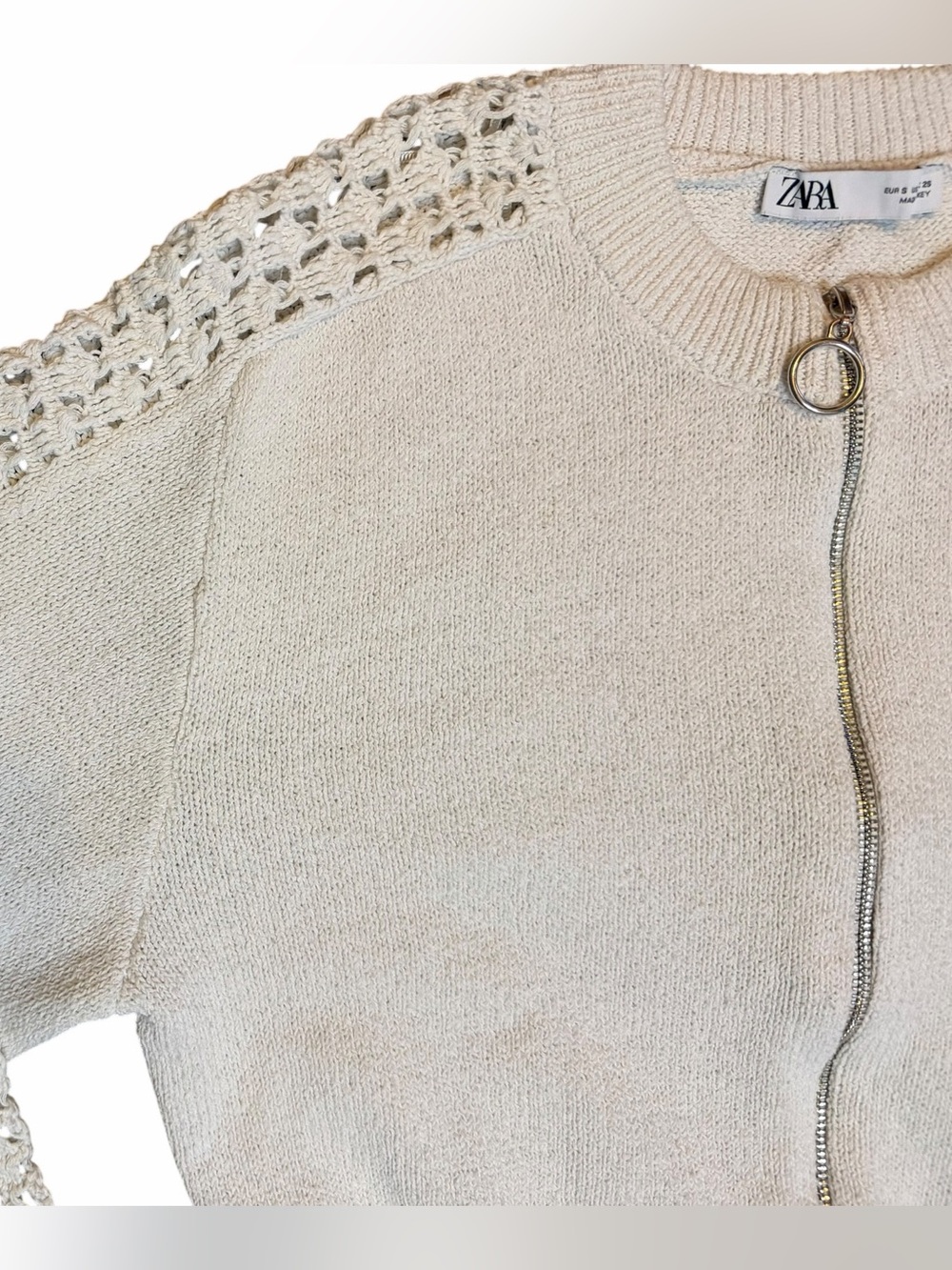 Zara Cream Knit Zip Front Sweater Top Small Oversize Crop Lace Detail Boho Chic - Picture 3 of 5
